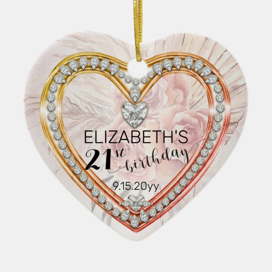 Roze rozen |Diamonds 21ste verjaardag Keepslag Orn Keramisch Ornament (Voorkant)