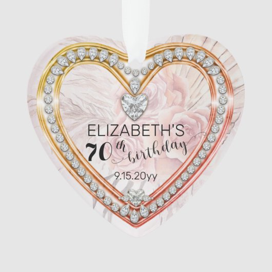 Roze rozen |Diamonds 70th Birthday Keepomwille Ornament (voorkant)