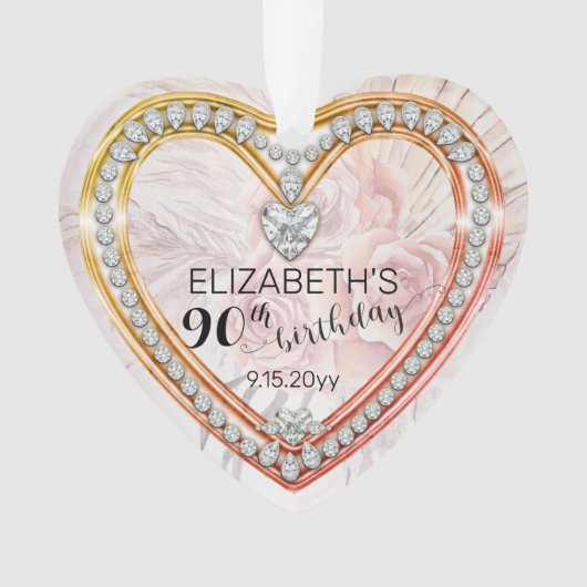Roze rozen |Diamonds 90th Birthday Keepomwille Ornament (voorkant)