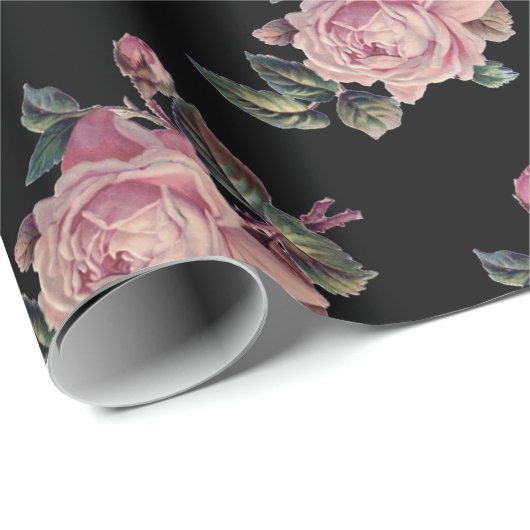 Roze rozen donker bloemmotief Shabby Chic-feest Cadeaupapier (Rol Hoek)