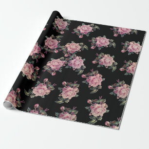 Roze rozen donker bloemmotief shabby chic feestje cadeaupapier