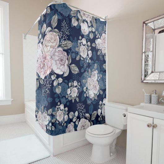 Roze Rozen Donkerblauw:  Douchegordijn (In situ)