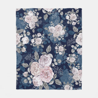 Roze Rozen Donkerblauw: Fleece Deken