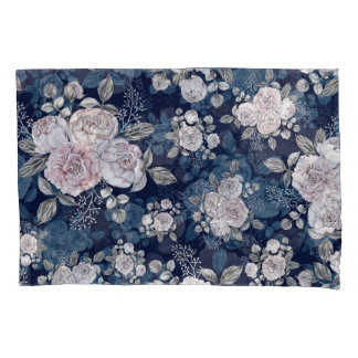 Roze Rozen Donkerblauw:  Kussensloop
