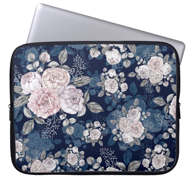 Roze Rozen Donkerblauw:  Laptop Sleeve (Voorkant)