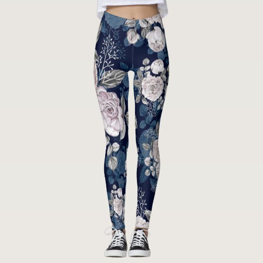 Roze Rozen Donkerblauw:  Leggings (Voorkant)