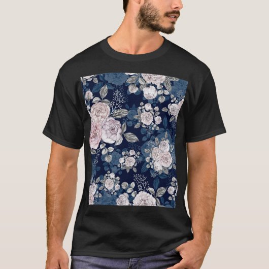 Roze Rozen Donkerblauw: T-shirt (Voorkant)
