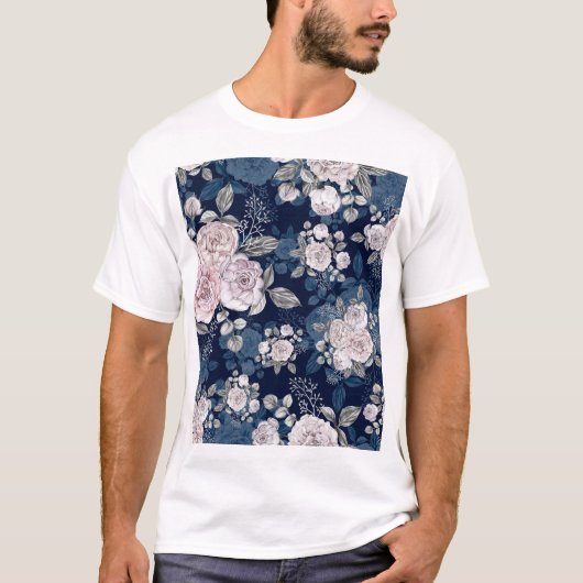 Roze Rozen Donkerblauw: T-shirt (Voorkant)