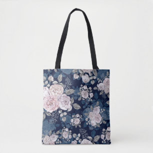 Roze Rozen Donkerblauw: Tote Bag