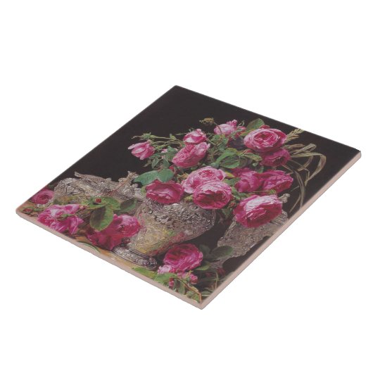 Roze Rozen (door Ferdinand Georg Waldmüller) Tegeltje (Zijkant)