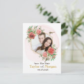 Roze rozen & Dragonfly Foto opslaan Datum Briefkaart (Staand voorkant)