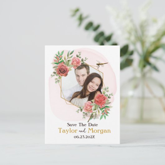 Roze rozen & Dragonfly Foto opslaan Datum Briefkaart (Staand voorkant)