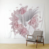 Roze Rozen + Duif Tapijt Wandkleed (In Situ (horizontaal))