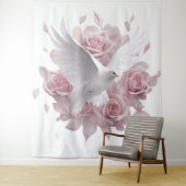 Roze rozen + duif wandtapijt wandkleed (In situ)