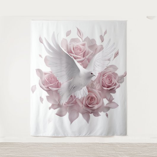 Roze rozen + duif wandtapijt wandkleed (Voorkant)