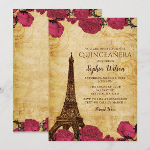roze rozen Eiffeltoren Quinceañera Kaart