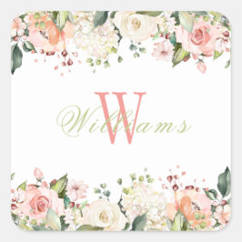 Roze Rozen Elegant Monogram Naam Vierkante Sticker