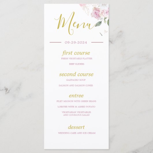 Roze Rozen Elegant Romantisch Monogram Menu (Voorkant)