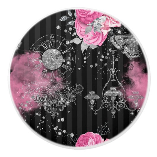 Roze Rozen Elegant Silver Glitter Keramische Knop (Voorkant)