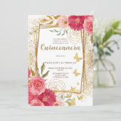 Roze Rozen Elegant Spaans Quinceañera Mis Quince Kaart (Staand voorkant)