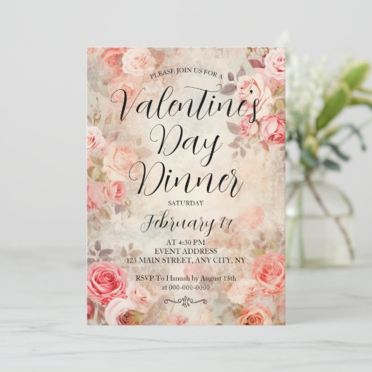 Roze Rozen Elegant Valentijnsdag Dinner Party Kaart (Staand voorkant)