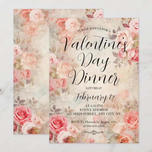 Roze Rozen Elegant Valentijnsdag Dinner Party Kaart (Voorkant / Achterkant)