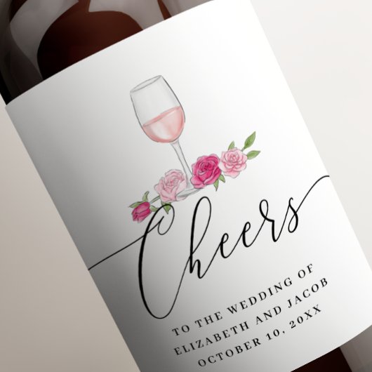 Roze rozen. Elegante blos bloemenscript bruiloft Wijn Etiket