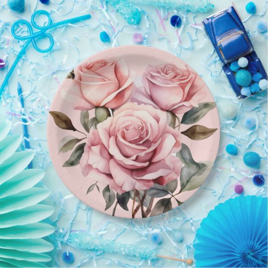 Roze Rozen Elegante bruiloft Papieren Bordje (Feest)