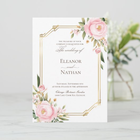 Roze Rozen elegante lente zomer bruiloft Kaart (Staand voorkant)