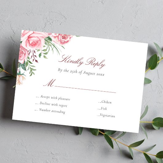 Roze rozen elegante maaltijd kiezen bruiloft RSVP kaartje