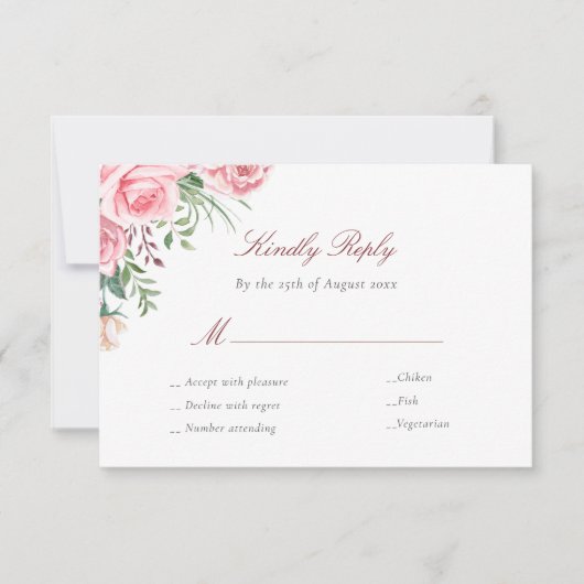 Roze rozen elegante maaltijd kiezen bruiloft RSVP kaartje (Voorkant)