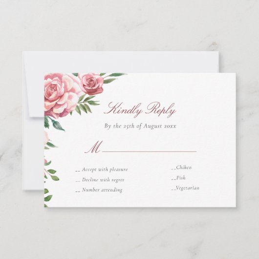 Roze rozen elegante maaltijden kiezen bruiloft RSV RSVP Kaartje (Voorkant)