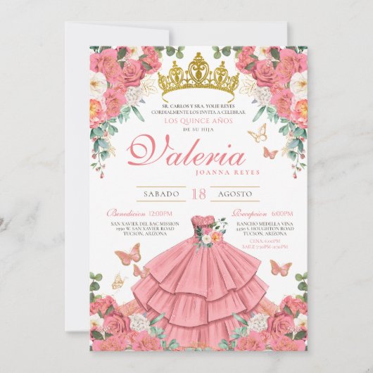 Roze Rozen Elegante Prinses Vlinder Quinceanera Kaart (Voorkant)
