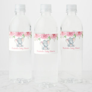 Roze rozen Elephant Baby shower 1e verjaardag Waterfles Etiket
