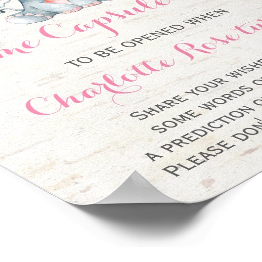 Roze rozen Elephant Time Capsule 1st Birthday Sign Poster (Hoek)