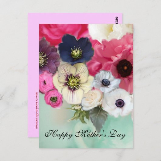 ROZE ROZEN EN ANEMOONBLOEMEN MOEDERDAG BRIEFKAART (Voorkant / Achterkant)