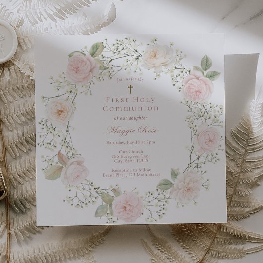 Roze rozen en Baby adem meisje communie Kaart