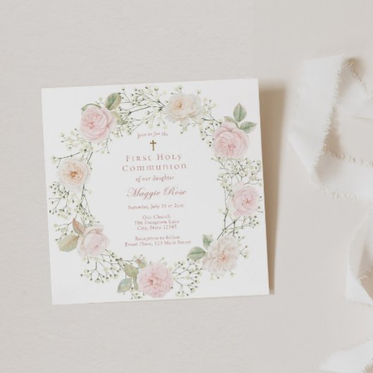 Roze rozen en Baby adem meisje communie Kaart