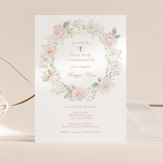 Roze rozen en Baby ademen eerste communie Kaart