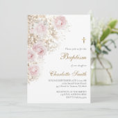 roze rozen en baby's adem Doop Uitnodiging (Staand voorkant)