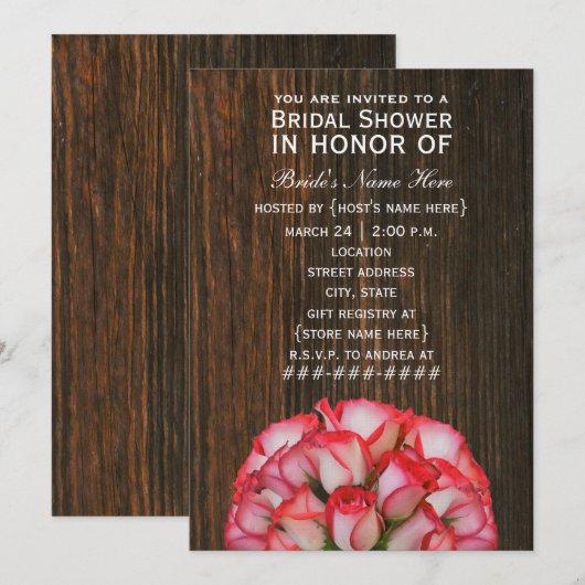 Roze rozen en Barnwood Rustic Vrijgezellenfeest In Kaart (Voorkant / Achterkant)