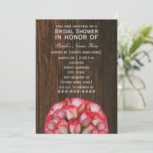 Roze rozen en Barnwood Rustic Vrijgezellenfeest In Kaart (Staand voorkant)