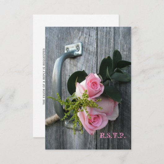 Roze rozen en Barnwood Wedding RSVP (Voorkant / Achterkant)