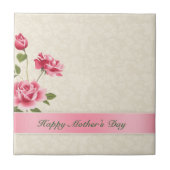 Roze rozen en beige damast - Happy Mothers's Day Tegeltje (Voorkant)