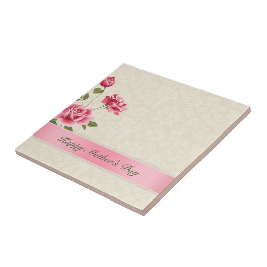 Roze rozen en beige damast - Happy Mothers's Day Tegeltje (Zijkant)