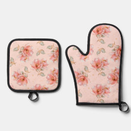 Roze Rozen en Bladeren Ovenwant & Pannenlap Set