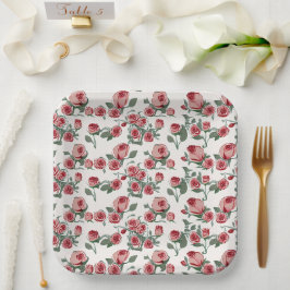Roze rozen en bladerenpatroon papieren bordje