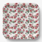 Roze rozen en bladerenpatroon papieren bordje (Voorkant)