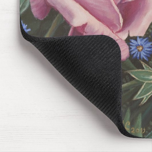 Roze rozen en blauwe bloemen Mousepad Muismat (Hoek)