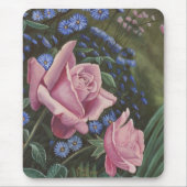 Roze rozen en blauwe bloemen Mousepad Muismat (Voorkant)